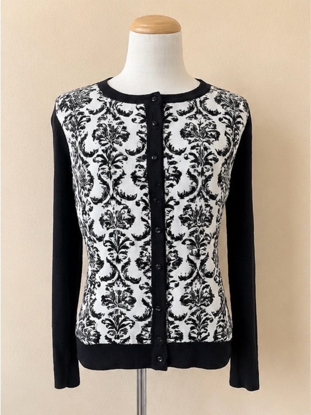 Charter Club Black White Damask Print Cardigan Sweater XS